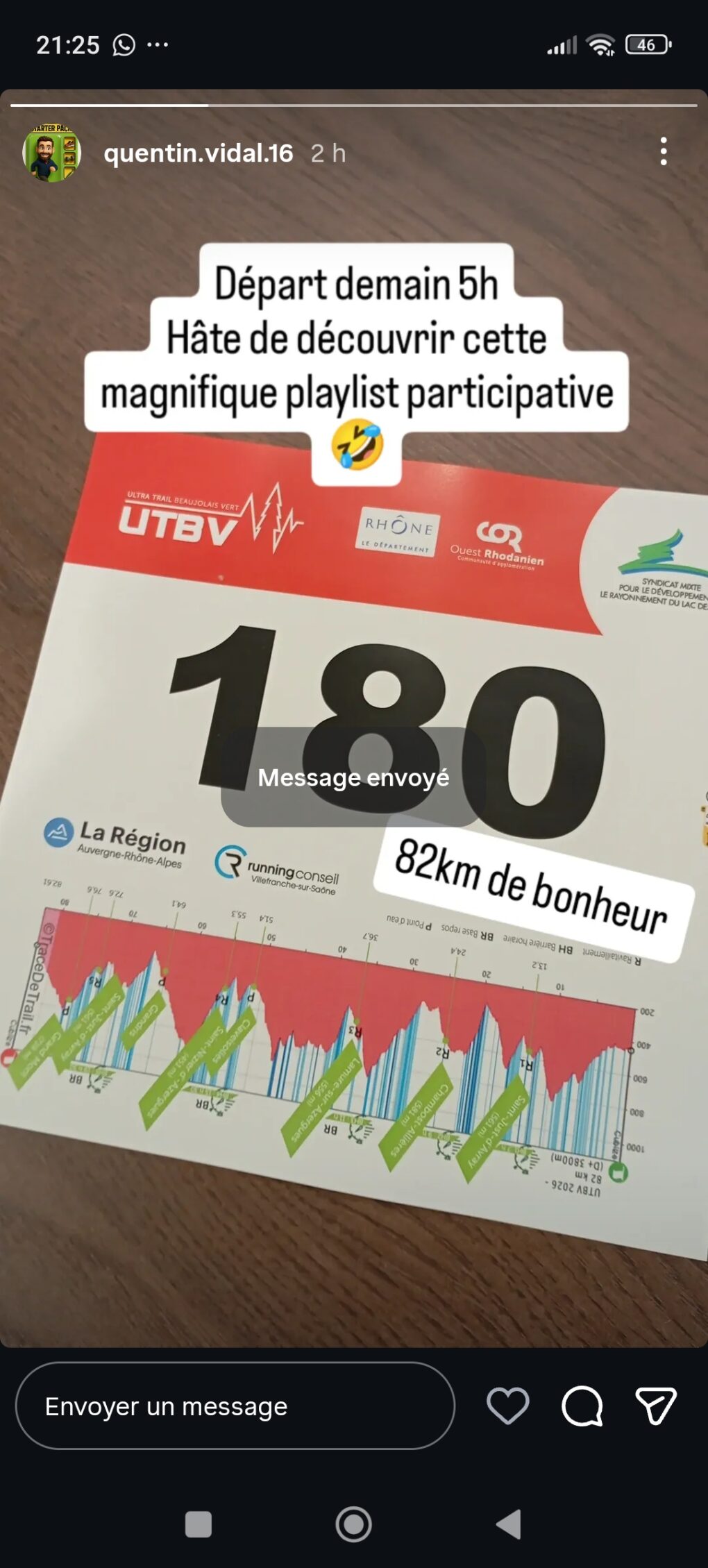 Parcours du 82 km de l'Ultra Trail du Beaujolais Vert (Saint-Just-d'Avray, Lamure-sur-Azergues) partagé en story par Quentin la veille du départ