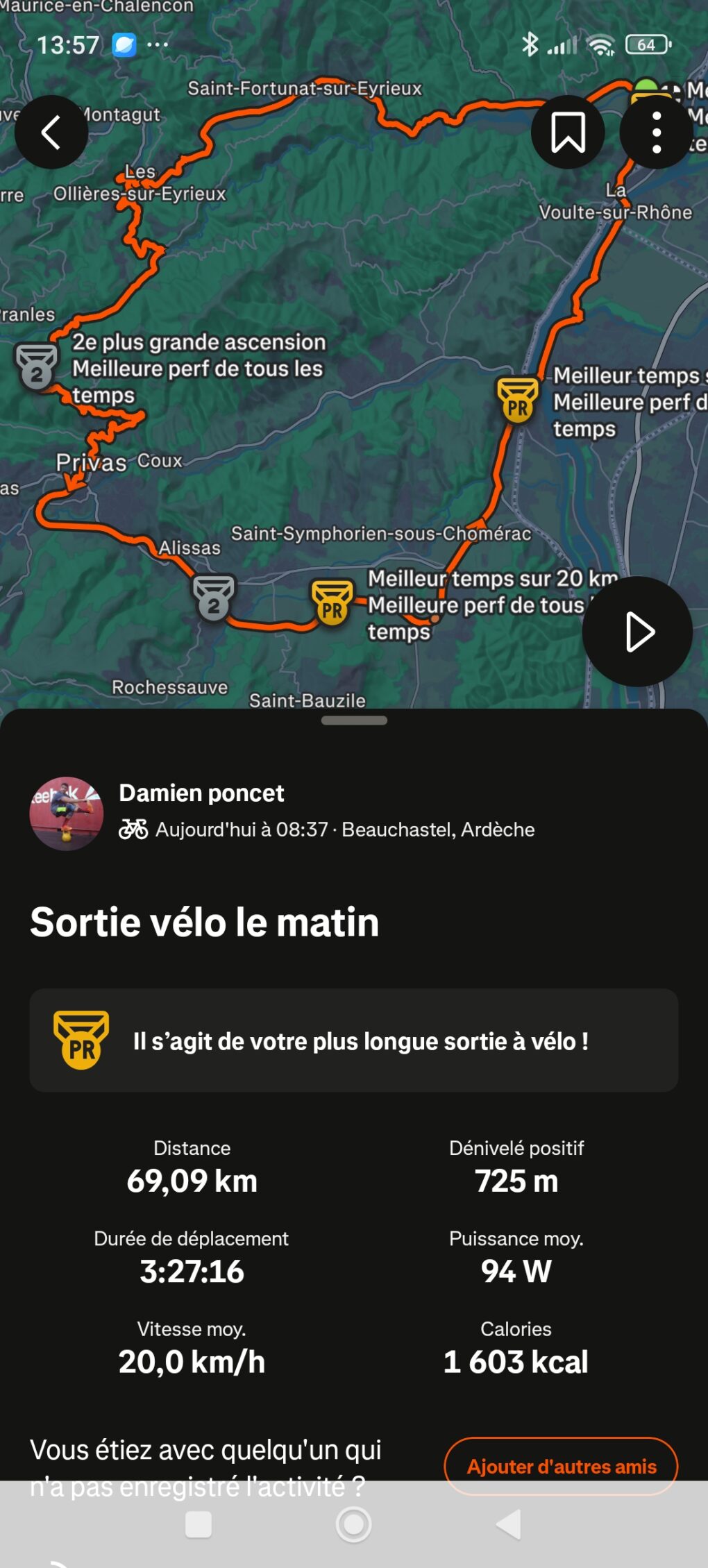 Sortie vélo du dimanche 11 octobre de Damien Poncet sur Strava : 69 km et 725 m de dénivelé positif au départ de Beauchastel