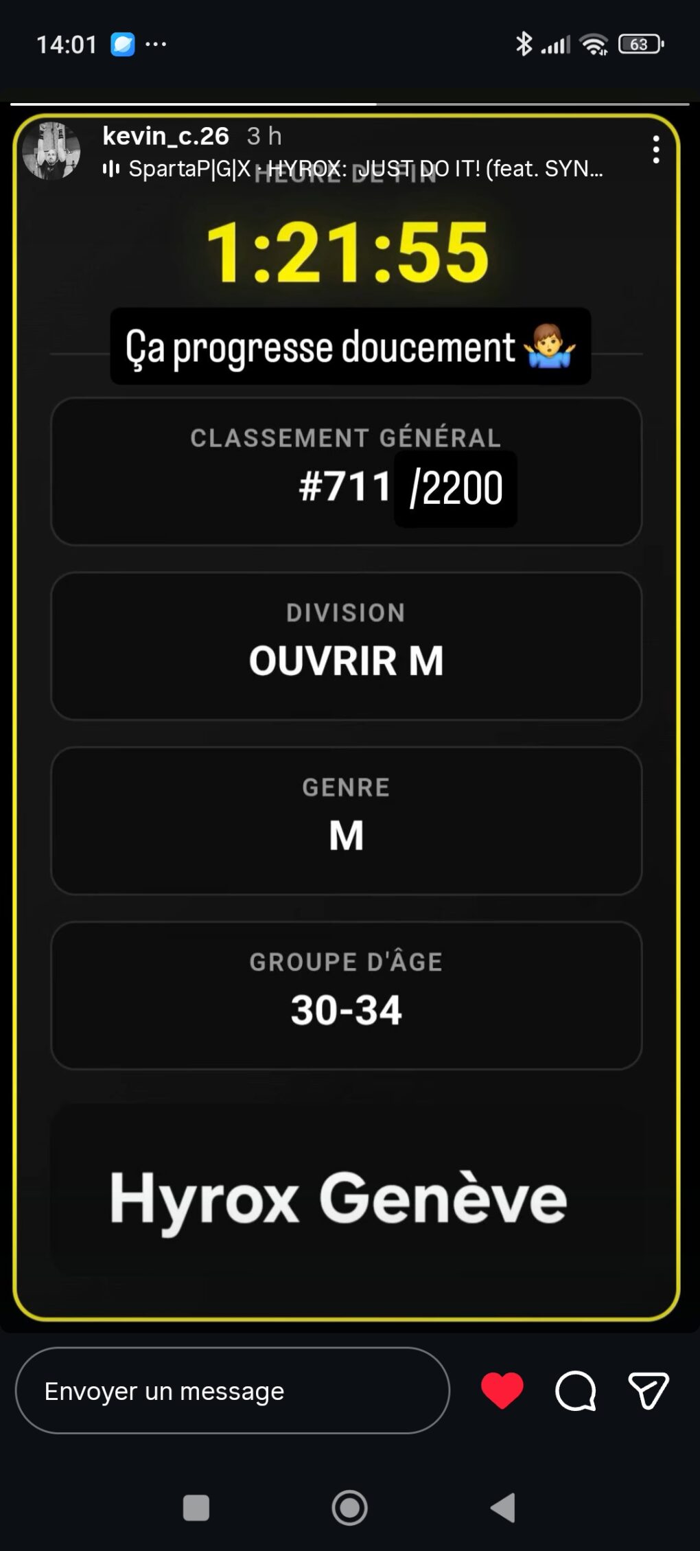 Story Instagram de Kévin avec son résultat HYROX Genève : 1 h 21 min 55 s, 711e au classement général