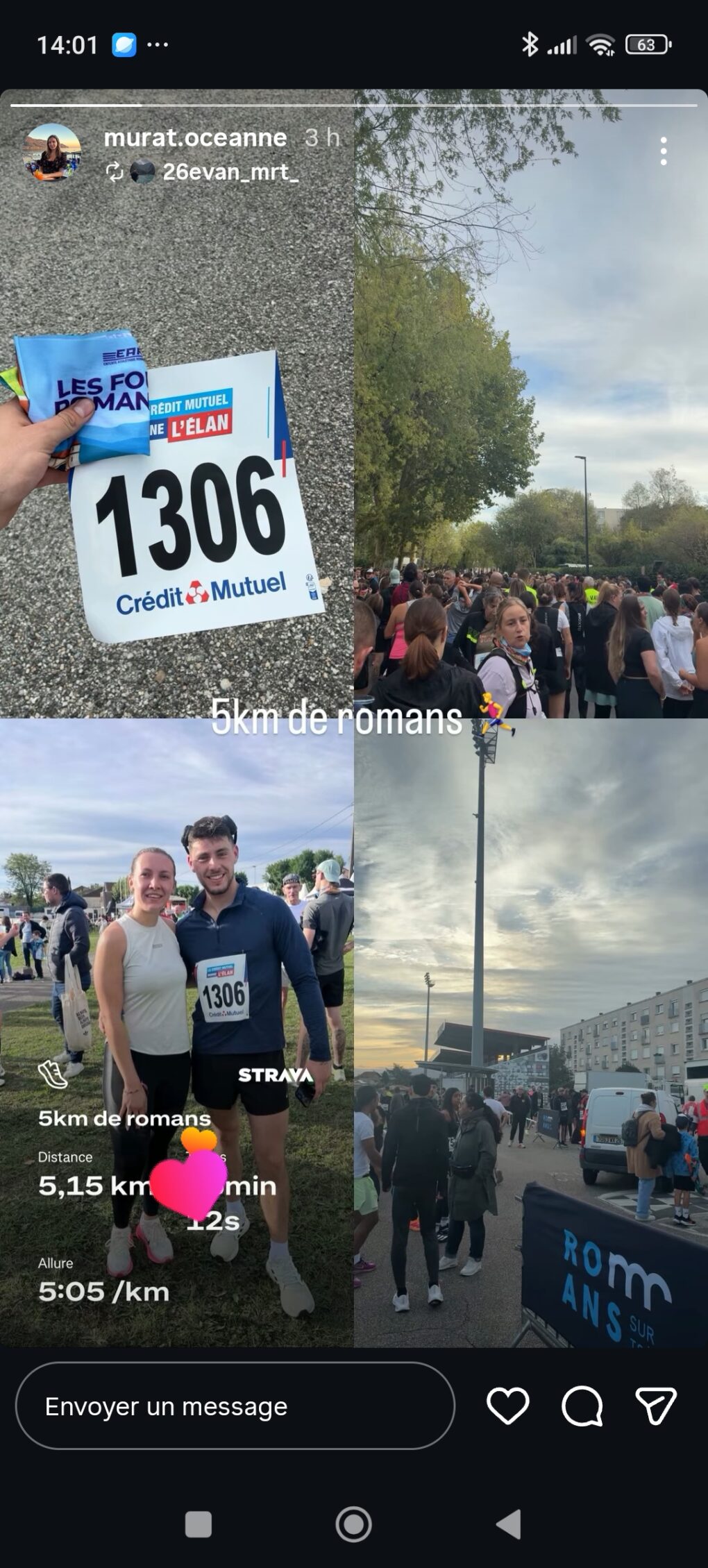 Story Instagram d'Océanne avec son enregistrement Strava du 5 km des Foulées Romanaises à Romans-sur-Isère